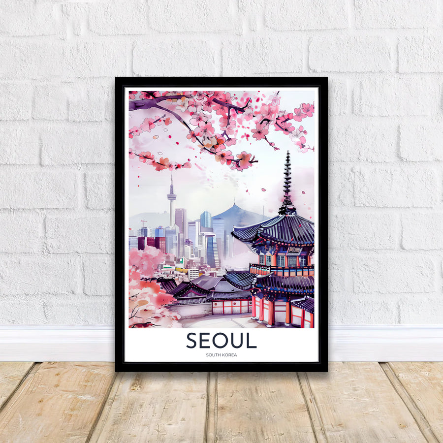 Detailed floral art print illustrating a traditional temple pagoda surrounded by blooming pink spring trees in Seoul South Korea, designed by MapYourDreams in customizable choices including unframed archival paper, metallic gold frames, and canvas wraps that effortlessly suit elegant decor themes.