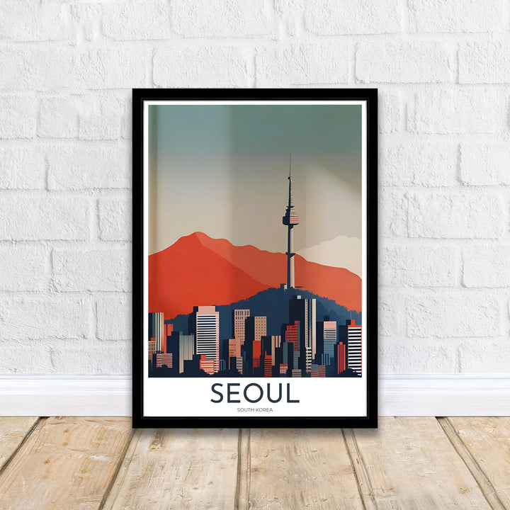 Fine art vector travel poster highlighting N Seoul Tower standing atop the terracotta slope of Namsan Mountain in South Korea, available from MapYourDreams in options like unframed paper prints, custom wooden frames, and canvas that add refined graphic beauty to any home gallery wall layout.