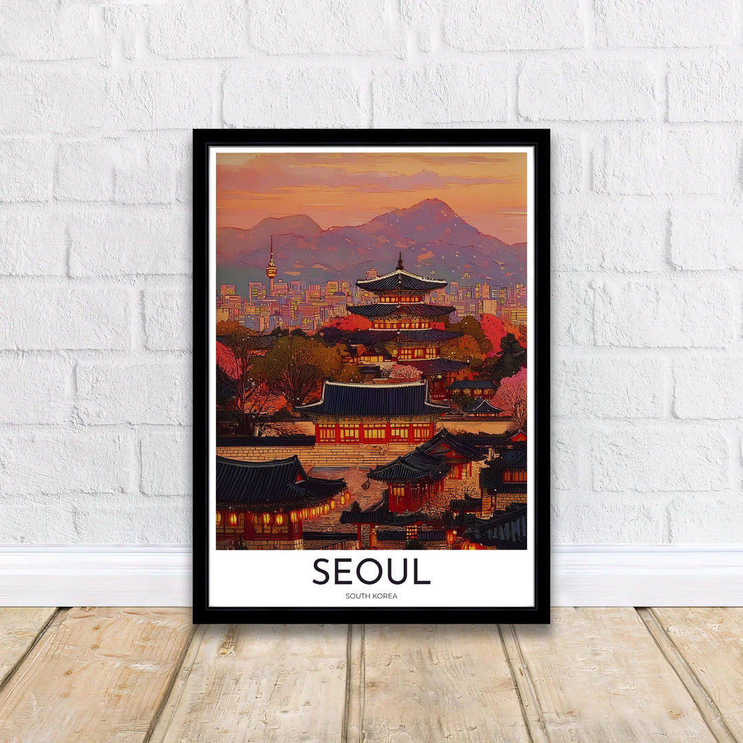 Fine art oriental travel poster highlighting glowing lantern lights against the modern skyline of Seoul South Korea, available from MapYourDreams in options like unframed paper prints, custom wooden frames, and canvas that add refined historic beauty to any home gallery wall layout.