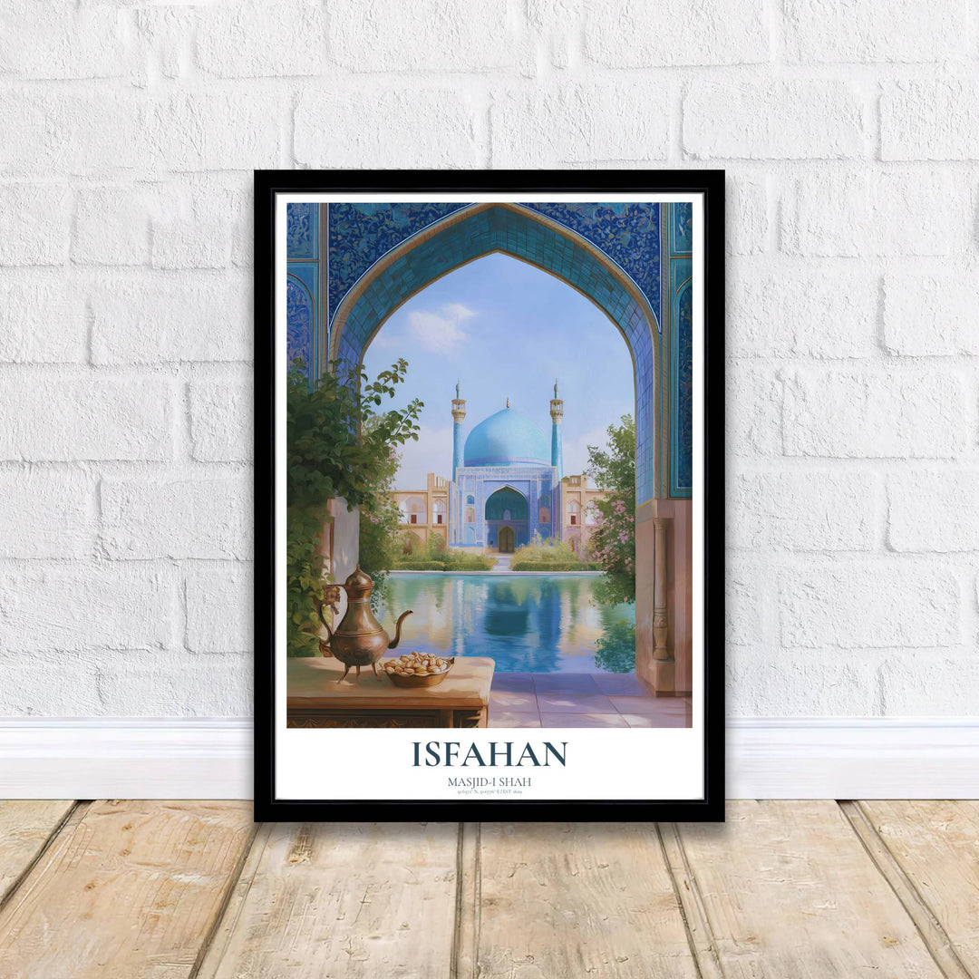 Classical Safavid Persian architecture poster featuring the Shah Mosque in Isfahan Iran with landmark title details at the bottom. Supplied by MapYourDreams, this artwork is available in flexible options including unframed paper, custom wooden frames, and gallery canvas wraps for stylish decor.