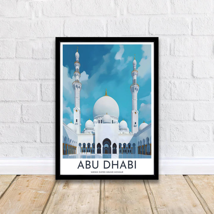 Classical Islamic architecture poster featuring Sheikh Zayed Grand Mosque in Abu Dhabi with geographic landmark title text at bottom. Supplied by MapYourDreams, this artwork is available in flexible options including unframed paper, custom wooden frames, and gallery canvas wraps for stylish decor.
