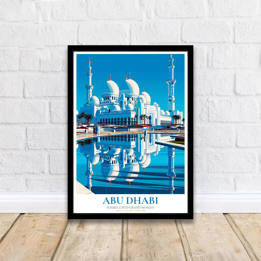 Classical Islamic architecture poster featuring Sheikh Zayed Grand Mosque in Abu Dhabi with geographic coordinates and EST 2007 details. Supplied by MapYourDreams, this artwork is available in flexible options including unframed paper, custom wooden frames, and gallery canvas wraps for stylish decor.