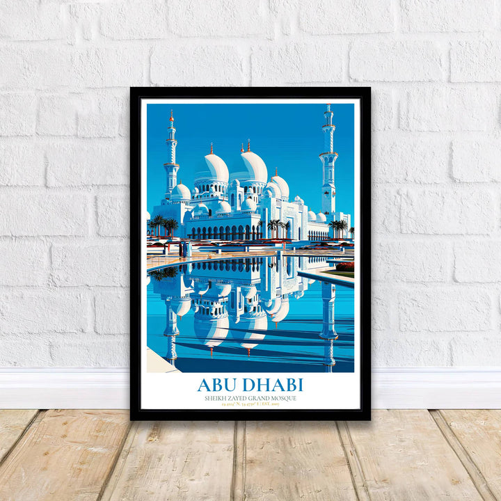 Classical Islamic architecture poster featuring Sheikh Zayed Grand Mosque in Abu Dhabi with geographic coordinates and EST 2007 details. Supplied by MapYourDreams, this artwork is available in flexible options including unframed paper, custom wooden frames, and gallery canvas wraps for stylish decor.
