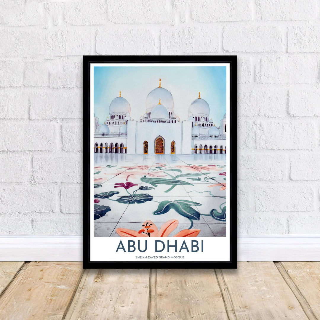 Classical Islamic architecture poster featuring Sheikh Zayed Grand Mosque in Abu Dhabi with marble courtyard mosaics and clean title details. Supplied by MapYourDreams, this artwork is available in flexible options including unframed paper, custom wooden frames, and gallery canvas wraps for stylish decor.