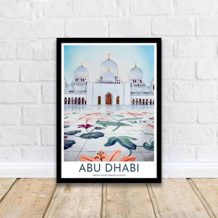 Classical Islamic architecture poster featuring Sheikh Zayed Grand Mosque in Abu Dhabi with marble courtyard mosaics and clean title details. Supplied by MapYourDreams, this artwork is available in flexible options including unframed paper, custom wooden frames, and gallery canvas wraps for stylish decor.
