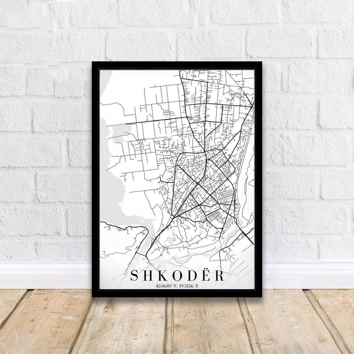 Crisp white contrast and refined typography define this Shkodër street map print, showcasing regional highways and historic municipal paths. MapYourDreams offers this piece printed on archival stock, with options for custom frames or stretched canvas wraps.