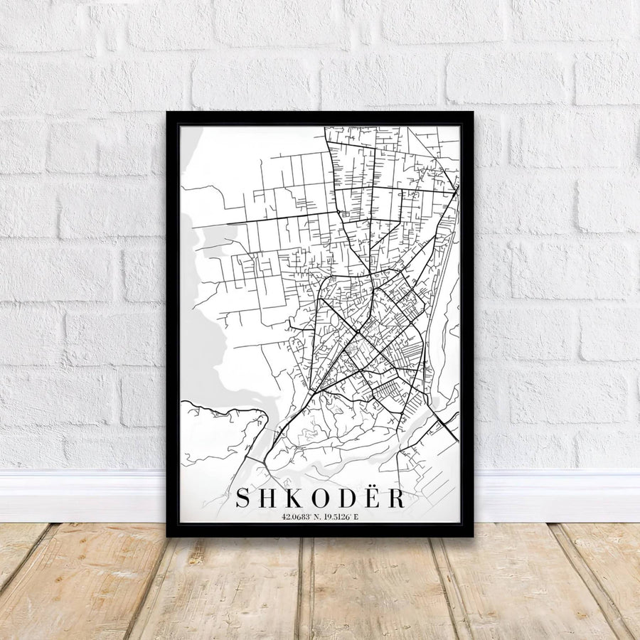 Crisp white contrast and refined typography define this Shkodër street map print, showcasing regional highways and historic municipal paths. MapYourDreams offers this piece printed on archival stock, with options for custom frames or stretched canvas wraps.