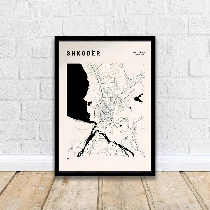 Crisp off-white contrast and refined typography define this Shkodër water map print, showcasing regional lakes and historic municipal paths. MapYourDreams offers this piece printed on archival stock, with options for custom frames or stretched canvas wraps.