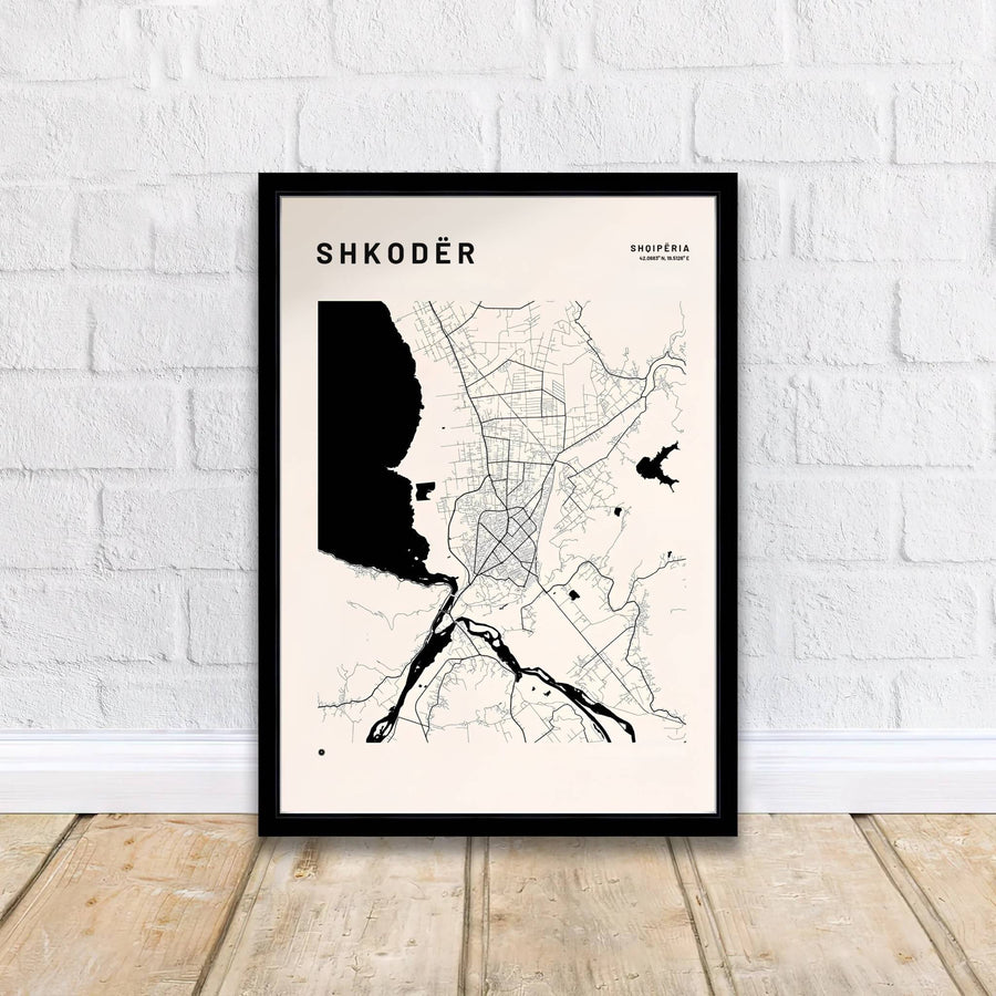 Crisp off-white contrast and refined typography define this Shkodër water map print, showcasing regional lakes and historic municipal paths. MapYourDreams offers this piece printed on archival stock, with options for custom frames or stretched canvas wraps.