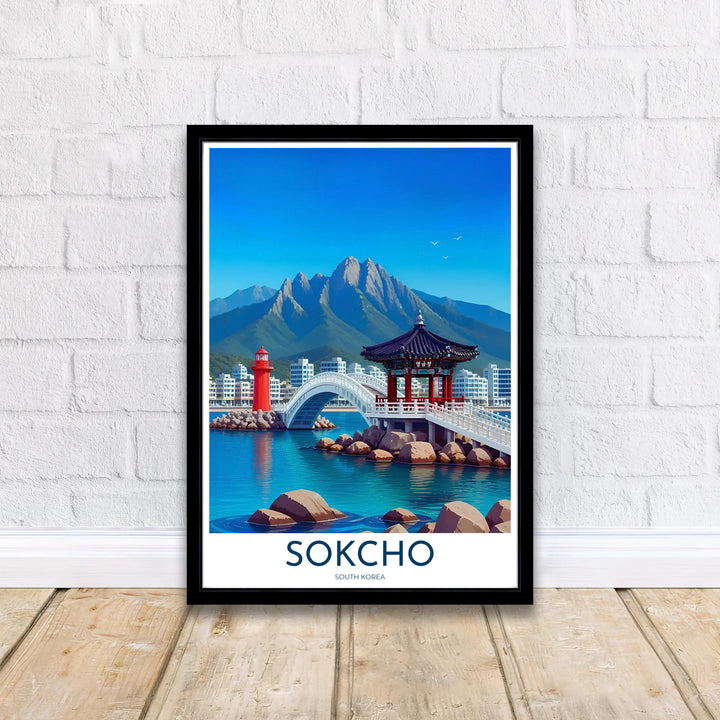 Fine art travel poster highlighting Yeonggeumjeong Pavilion standing gracefully over blue coastal waters in Sokcho South Korea, available from MapYourDreams in options like unframed paper prints, custom wooden frames, and canvas that add refined natural beauty to any home gallery wall layout.