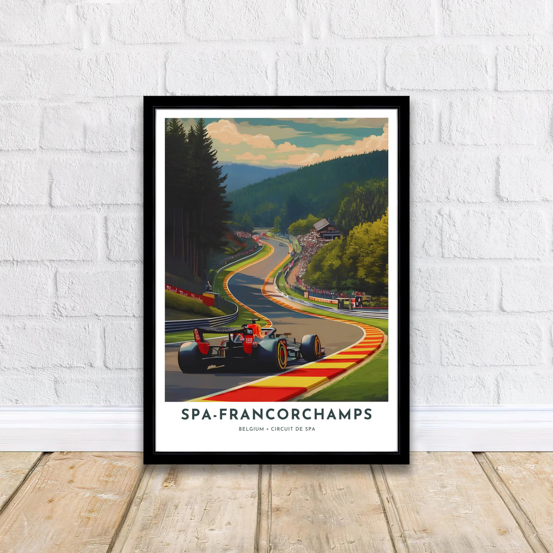 Scenic landscape art of the Spa-Francorchamps track in Belgium, blending nature and high-speed motorsport action seamlessly. Offered by MapYourDreams, this artwork is available in flexible options including unframed paper, custom wooden frames, and gallery canvas wraps.