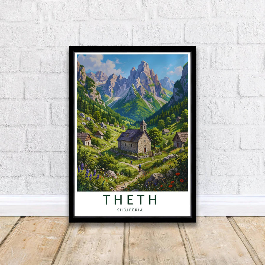 Crisp botanical details capture the meadow flora of Theth, balanced by dramatic vertical mountain peaks and bright blue sky formations above. Offered by MapYourDreams printed on archival matte paper with options for custom frames or canvas wraps to complete your gallery wall.