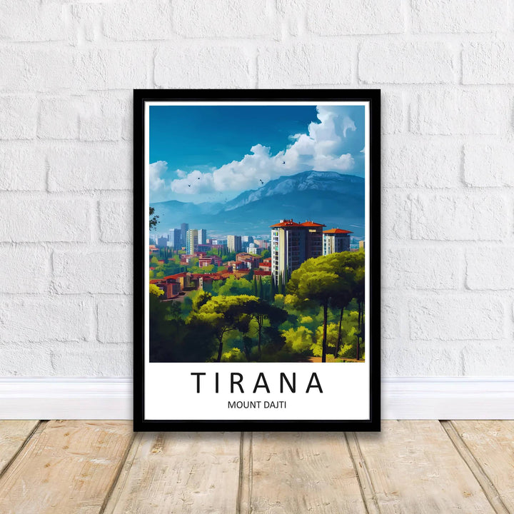 Crisp graphic linework and vibrant color gradients capture the urban and natural scenery of Tirana, balanced by bright azure skies and cloud formations. Offered by MapYourDreams printed on archival matte paper with options for custom frames or canvas wraps to complete your gallery wall.