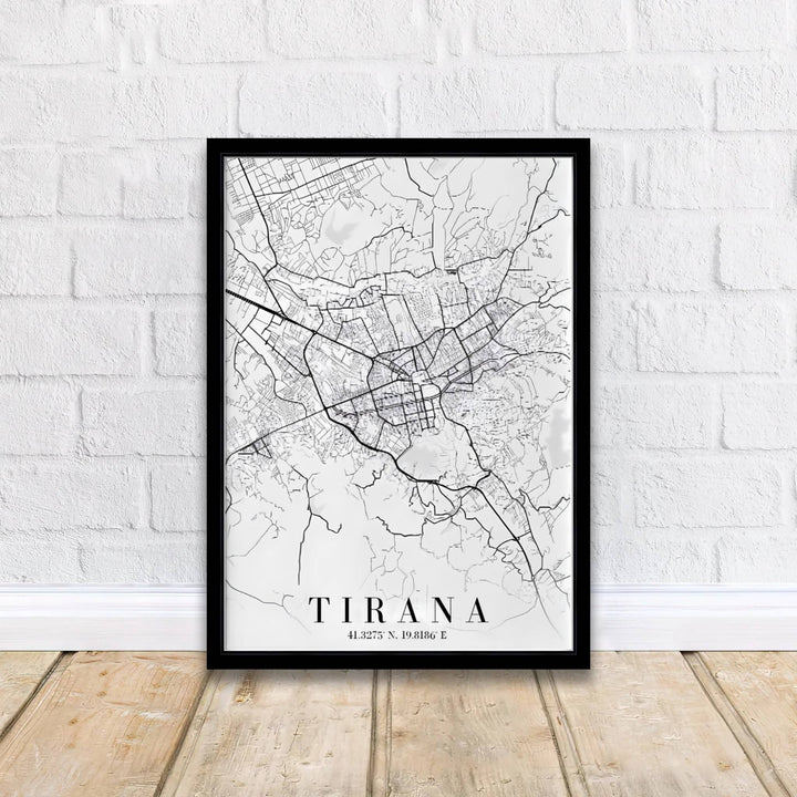 Crisp black contrast and refined linework define this Tirana street map print, showcasing regional boulevards and historic municipal paths. MapYourDreams offers this piece printed on archival stock, with options for custom frames or stretched canvas wraps.