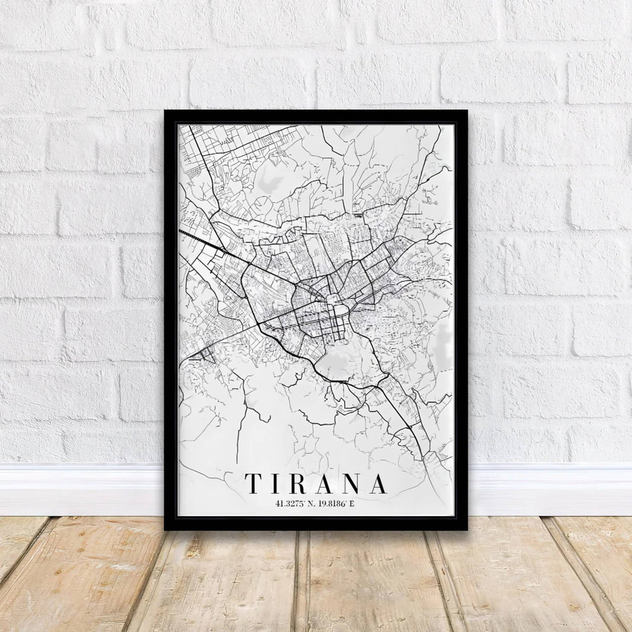 Crisp black contrast and refined linework define this Tirana street map print, showcasing regional boulevards and historic municipal paths. MapYourDreams offers this piece printed on archival stock, with options for custom frames or stretched canvas wraps.