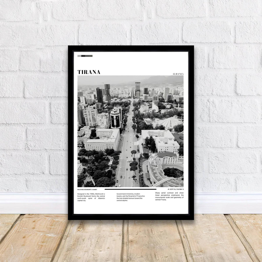 Crisp architectural textures capture the rationalist design of Tirana in a stunning Black &amp; White photograph, balanced by editorial border layouts and clean typography formations above. Offered by MapYourDreams printed on archival matte paper with options for custom frames or canvas wraps to complete your gallery wall.