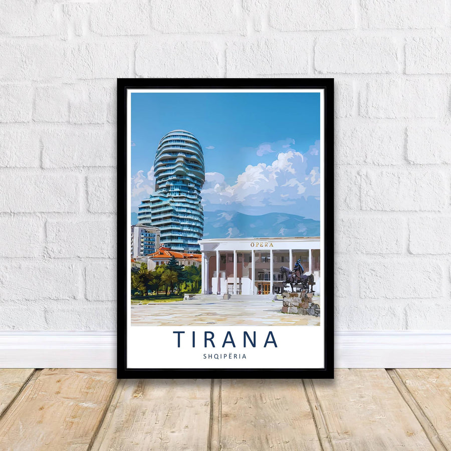 Crisp graphic linework and vibrant color gradients capture the urban and civic scenery of Tirana, balanced by bright azure skies and cloud formations. Offered by MapYourDreams printed on archival matte paper with options for custom frames or canvas wraps to complete your gallery wall.