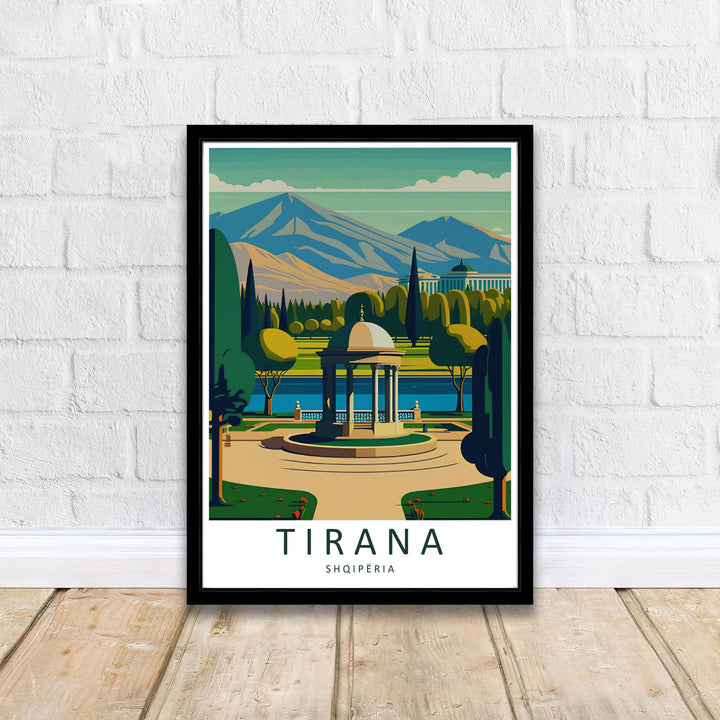Crisp graphic linework and soothing natural color gradients capture the park and lake scenery of Tirana, balanced by bright skies and distant mountain ridges. Offered by MapYourDreams printed on archival matte paper with options for custom frames or canvas wraps to complete your gallery wall.