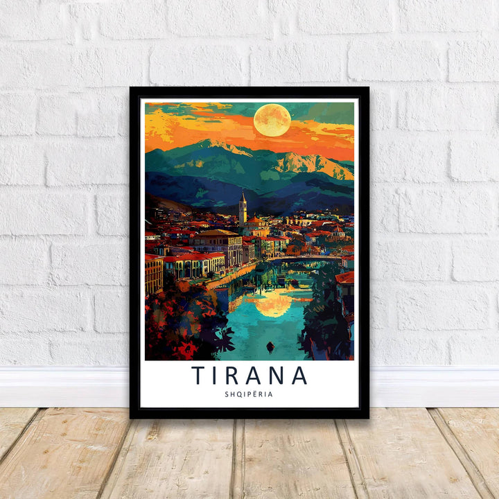 Crisp color-blocked details capture the architectural charm of Tirana, balanced by dramatic twilight skies and glowing celestial elements above. Offered by MapYourDreams printed on archival matte paper with options for custom frames or canvas wraps to complete your gallery wall.