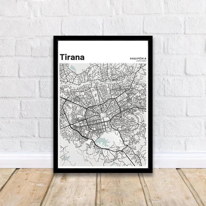 Crisp black contrast and refined linework define this Tirana street map print, showcasing regional boulevards and historic municipal paths. MapYourDreams offers this piece printed on archival stock, with options for custom frames or stretched canvas wraps.