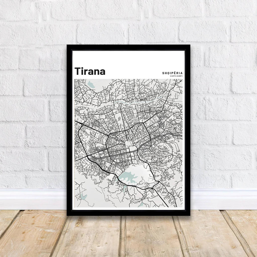 Crisp black contrast and refined linework define this Tirana street map print, showcasing regional boulevards and historic municipal paths. MapYourDreams offers this piece printed on archival stock, with options for custom frames or stretched canvas wraps.