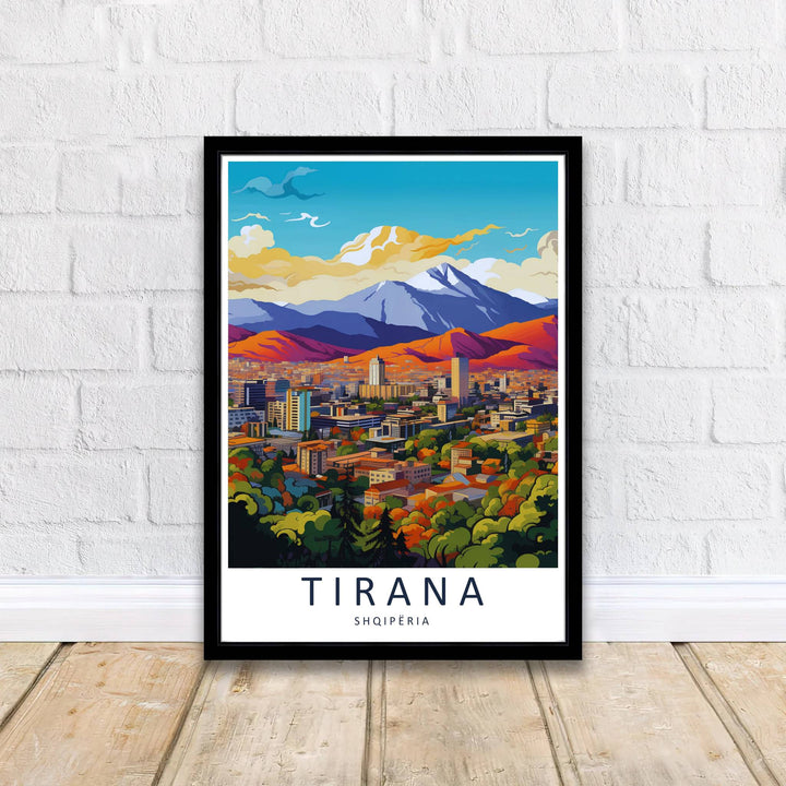 Crisp graphic linework and vibrant sunset color gradients capture the urban and natural scenery of Tirana, balanced by bright azure skies and cloud formations. Offered by MapYourDreams printed on archival matte paper with options for custom frames or canvas wraps to complete your gallery wall.
