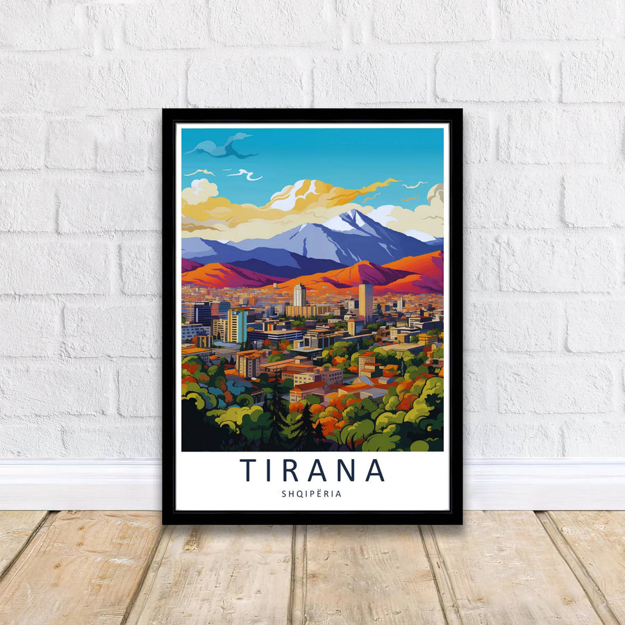 Crisp graphic linework and vibrant sunset color gradients capture the urban and natural scenery of Tirana, balanced by bright azure skies and cloud formations. Offered by MapYourDreams printed on archival matte paper with options for custom frames or canvas wraps to complete your gallery wall.