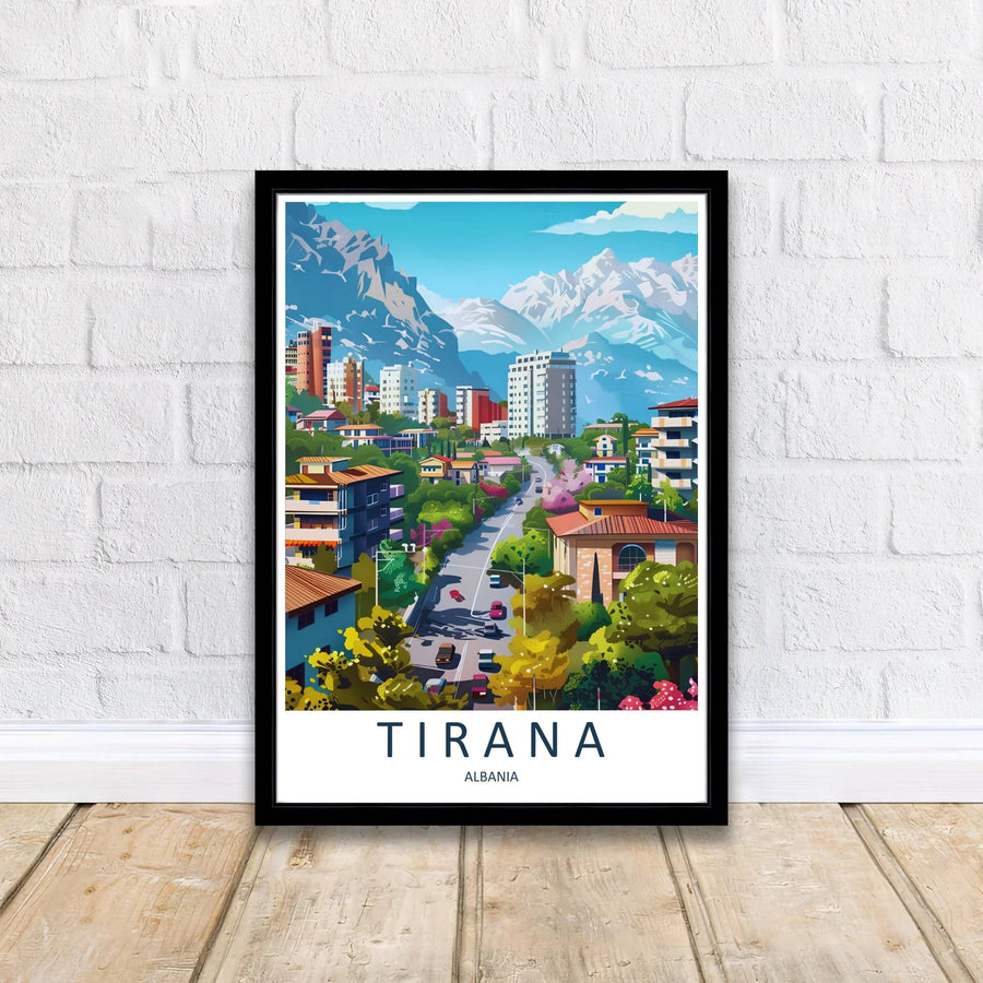 Crisp graphic linework and bright daylight color gradients capture the urban and natural scenery of Tirana, balanced by clear azure skies and cloud formations. Offered by MapYourDreams printed on archival matte paper with options for custom frames or canvas wraps to complete your gallery wall.