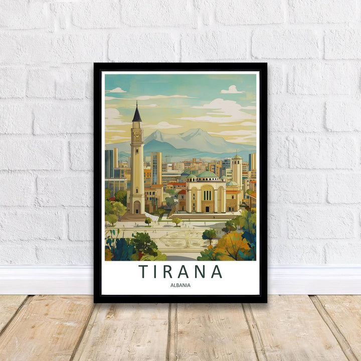 Crisp graphic linework and vibrant daytime color gradients capture the urban and religious architecture of Tirana, balanced by bright azure skies and cloud formations. Offered by MapYourDreams printed on archival matte paper with options for custom frames or canvas wraps to complete your gallery wall.