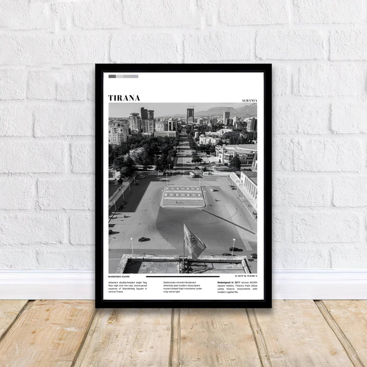 Crisp architectural textures capture the modern redesign of Tirana in a stunning Black &amp; White photograph, balanced by editorial border layouts and clean typography formations above. Offered by MapYourDreams printed on archival matte paper with options for custom frames or canvas wraps to complete your gallery wall.