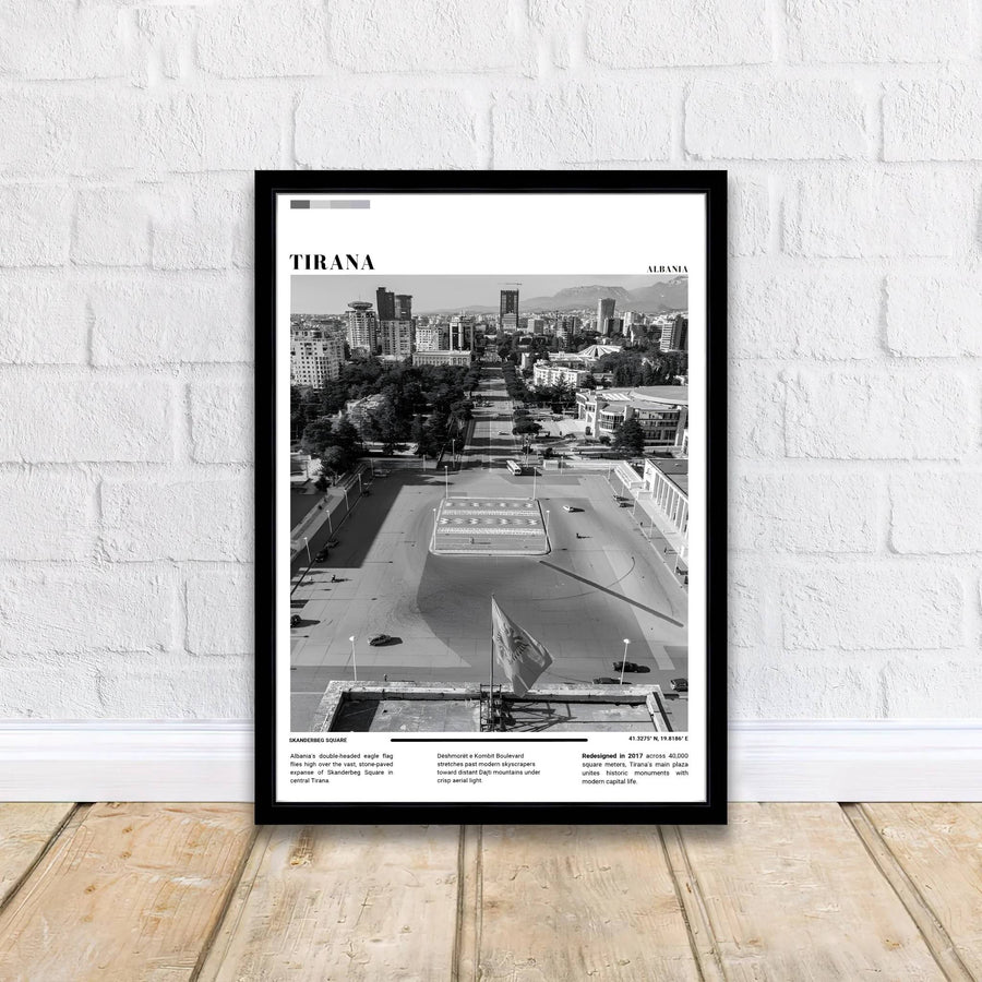 Crisp architectural textures capture the modern redesign of Tirana in a stunning Black &amp; White photograph, balanced by editorial border layouts and clean typography formations above. Offered by MapYourDreams printed on archival matte paper with options for custom frames or canvas wraps to complete your gallery wall.