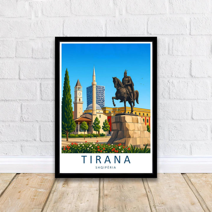 Crisp graphic linework and vibrant daytime color gradients capture the urban and historical architecture of Tirana, balanced by bright azure skies and cloud formations. Offered by MapYourDreams printed on archival matte paper with options for custom frames or canvas wraps to complete your gallery wall.