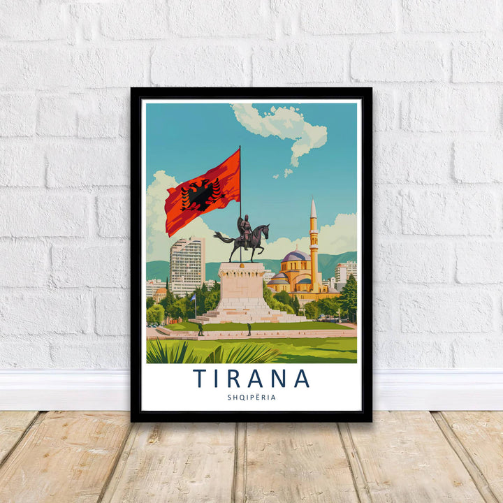 Crisp graphic linework and vibrant daytime color gradients capture the urban and historical architecture of Tirana, balanced by bright azure skies and cloud formations. Offered by MapYourDreams printed on archival matte paper with options for custom frames or canvas wraps to complete your gallery wall.