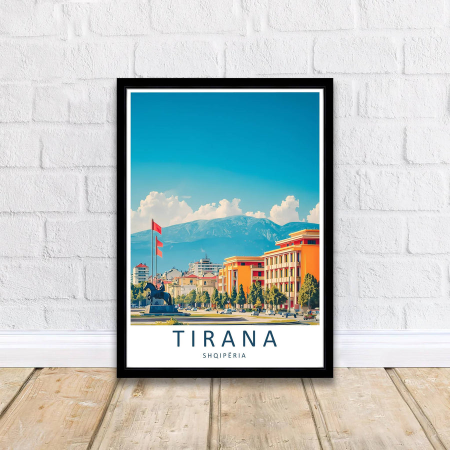 Crisp graphic linework and vibrant daytime color gradients capture the urban and natural scenery of Tirana, balanced by bright azure skies and cloud formations. Offered by MapYourDreams printed on archival matte paper with options for custom frames or canvas wraps to complete your gallery wall.