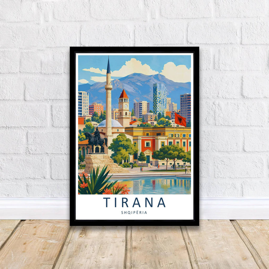 Crisp graphic linework and warm color gradients capture the urban and historical architecture of Tirana, balanced by bright azure skies and cloud formations. Offered by MapYourDreams printed on archival matte paper with options for custom frames or canvas wraps to complete your gallery wall.