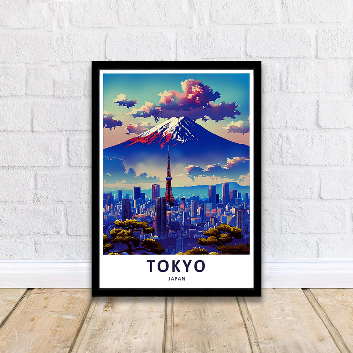 Artistic graphic print of Mount Fuji mountain peak and glowing Tokyo city skyline in Japan. Offered by MapYourDreams, this artwork is available in flexible options including unframed paper, custom wooden frames, and gallery canvas wraps.