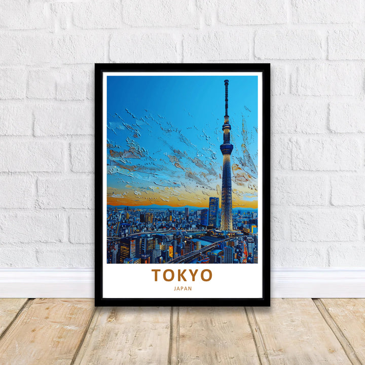 Aesthetic Japan travel art print showcasing Tokyo Skytree soaring into a painted blue and gold sky. Offered by MapYourDreams, this artwork is available in flexible options including unframed paper, custom wooden frames, and gallery canvas wraps.