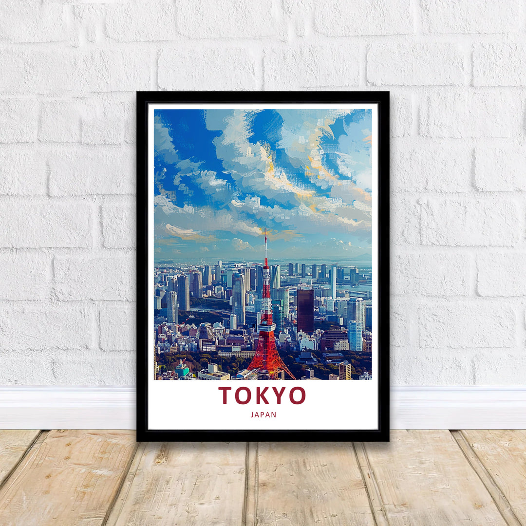 Aesthetic Japan travel art print showcasing Tokyo Tower soaring into a painted blue sky with fluffy white clouds. Offered by MapYourDreams, this artwork is available in flexible options including unframed paper, custom wooden frames, and gallery canvas wraps.