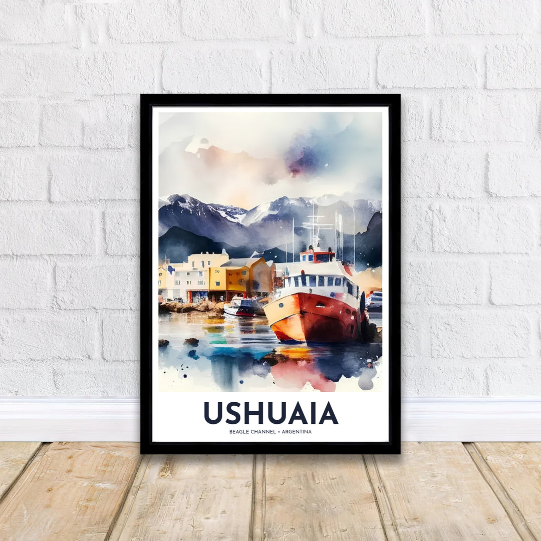 Framed by clean typography reading Ushuaia Beagle Channel Argentina, this Ushuaia port wall art highlights the famous End of the World harbor, created by MapYourDreams and available as an unframed paper print, custom framed picture, or canvas decor.