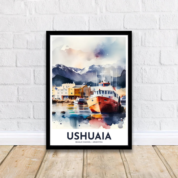 Framed by clean typography reading Ushuaia Beagle Channel Argentina, this Ushuaia port wall art highlights the famous End of the World harbor, created by MapYourDreams and available as an unframed paper print, custom framed picture, or canvas decor.