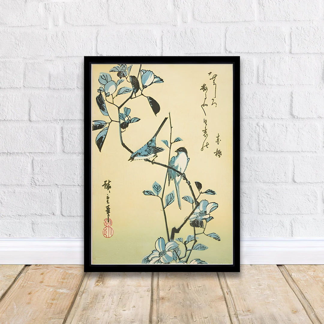 Asian floral landscape wall art Birds Flowering Branch by artist Utagawa Hiroshige featuring Birds Flowering Branch print from 1832 masterworks in Edo Botanical Garden. MapYourDreams delivers archival framed, unframed paper, and gallery canvas prints.