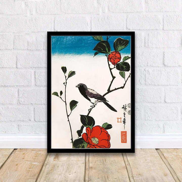 Asian nature flora wall art Java Sparrow Camellia by artist Utagawa Hiroshige featuring Java Sparrow print from 1830 bird studies in Kyoto Camellia Garden. MapYourDreams delivers archival framed, unframed paper, and gallery canvas prints.