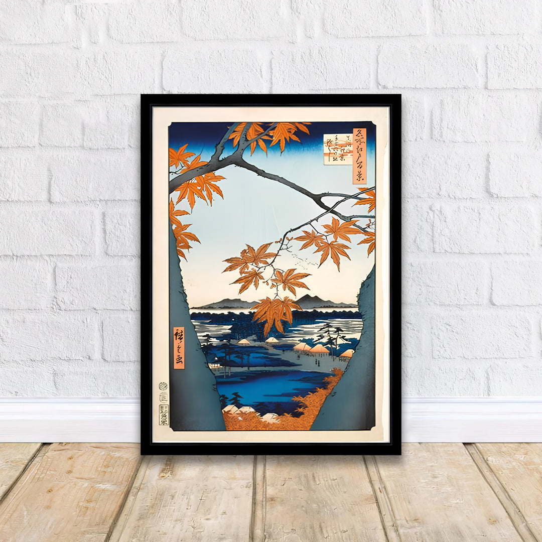 Scenic Asian autumn wall art Maple Trees at Mama by artist Utagawa Hiroshige showcasing 1857 landscape views at Maple Trees at Mama and Tekona Shrine. MapYourDreams delivers archival framed, unframed paper, and gallery canvas prints.