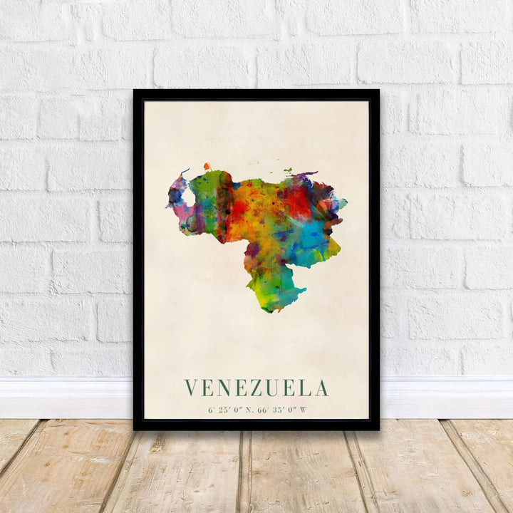 Joyful watercolor country map print of Venezuela designed for living rooms, bedrooms, creative studios, and office gallery walls. A signature piece from MapYourDreams, this artwork comes ready for display as unframed paper, framed art, or stretched canvas.