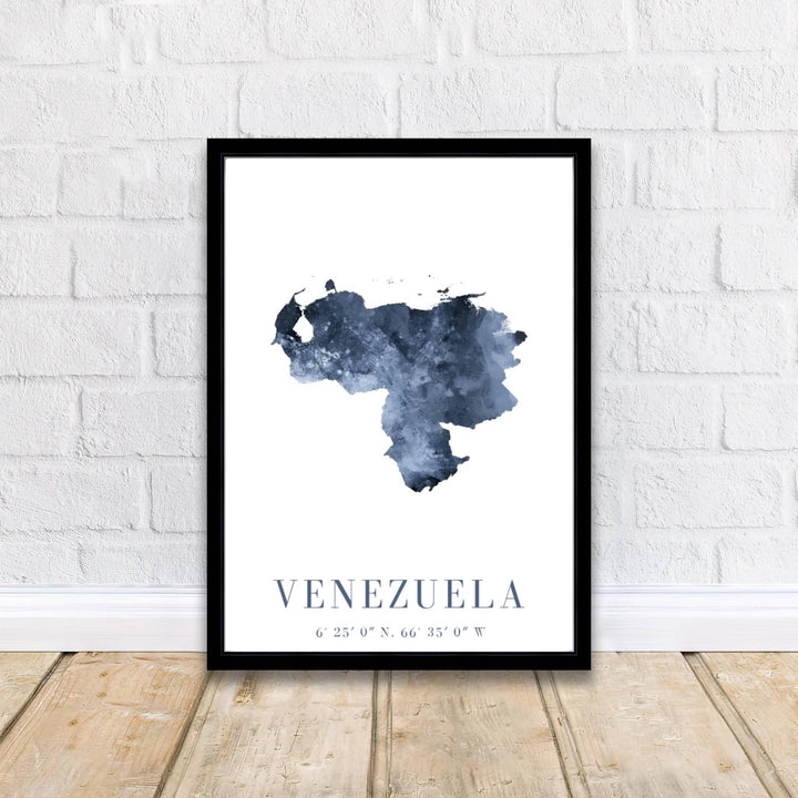 Detailed geography artwork representing the country shape and official national coordinates of Venezuela in a navy watercolor style. Brought to you by MapYourDreams, this item can be ordered on archival paper, in custom wooden frames, or wrapped on canvas.