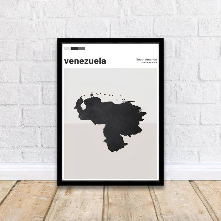 Detailed geography artwork representing the country shape and official national coordinates of Venezuela in a clean black silhouette style. Brought to you by MapYourDreams, this item can be ordered on archival paper, in custom wooden frames, or wrapped on canvas.
