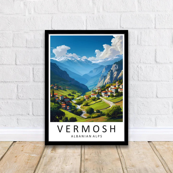 Crisp graphic linework and vibrant daytime color gradients capture the natural topography of the Kelmend region, balanced by bright azure skies and cloud formations. Offered by MapYourDreams printed on archival matte paper with options for custom frames or canvas wraps to complete your gallery wall.
