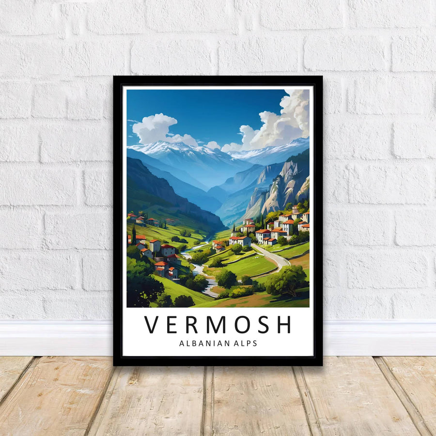 Crisp graphic linework and vibrant daytime color gradients capture the natural topography of the Kelmend region, balanced by bright azure skies and cloud formations. Offered by MapYourDreams printed on archival matte paper with options for custom frames or canvas wraps to complete your gallery wall.