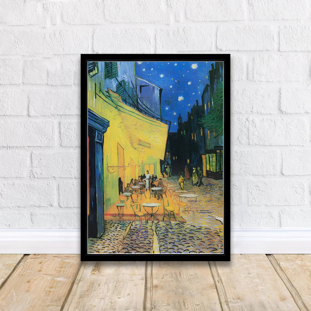 Vintage French streetscape art print of Vincent van Gogh Cafe Terrace at Night 1888 capturing evening patrons along Place du Forum in Arles France. Discover custom framed prints, unframed poster options, and stretched canvas wall decor at MapYourDreams for your personal room collection.