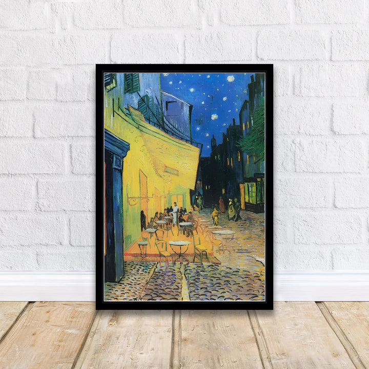 Vintage French streetscape art print of Vincent van Gogh Cafe Terrace at Night 1888 capturing evening patrons along Place du Forum in Arles France. Discover custom framed prints, unframed poster options, and stretched canvas wall decor at MapYourDreams for your personal room collection.